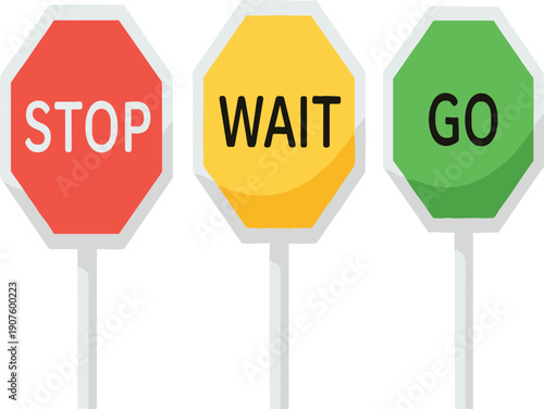 Stop wait and go traffic signs set with red yellow and green colors, road safety instruction symbols cartoon flat vector illustration isolated on white background