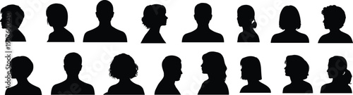 Diverse collection of black human head and shoulder silhouettes Keywords: silhouette, head, shoulders, profile, front view, side
