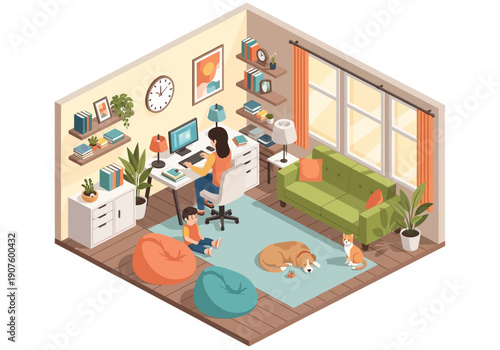 Cozy Home Office Illustration with Family, Pets, and Modern Living Room Design