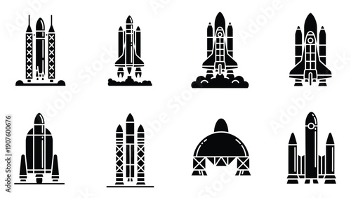 Rocket ship icons in black and white vector illustration style