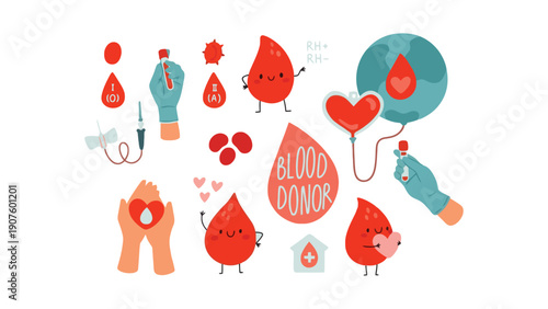Blood droplets and cartoon characters illustrating the concept of blood donation