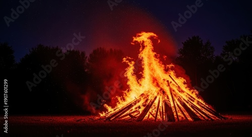 Warm, flickering light of a massive outdoor bonfire illuminates the surrounding darkness, creating a dramatic and cozy atmosphere, vibrant, natural, dark