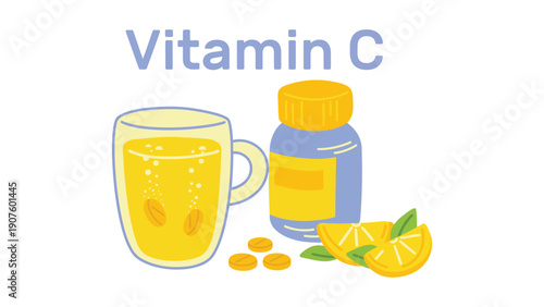 Vitamin C illustration with a glass of juice and supplements