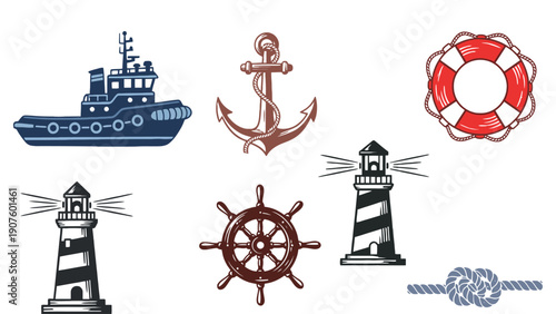 Nautical icons including a ship, anchor, lifebuoy, lighthouses, steering wheel and rope
