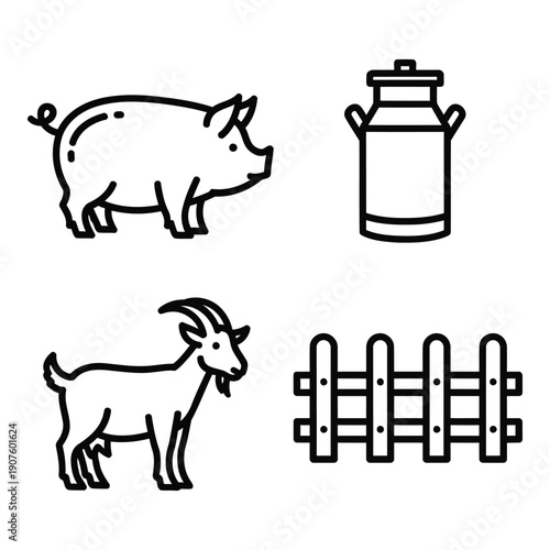 Farm Animals and Rural Life Outline Icons Set - Pig, Milk Can, Goat, and Fence for Agriculture