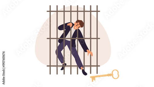 Businessman trying to escape from prison bars with a key on the ground