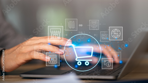 Digital marketers optimize e-commerce performance using online shopping cart systems, SEO tools, digital advertising platforms, data-driven retail technology to increase conversions, sales efficiency