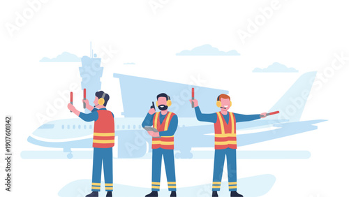 Airport ground crew team directing an airplane on the runway with wands