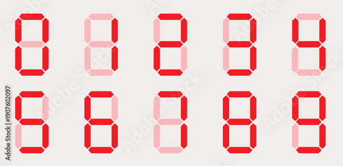 Red digital display numbers 0 through 9 in a clean, modern font, perfect for counters or time displays.