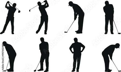 Golf Player Silhouettes in Action Poses on White Background golfer sport