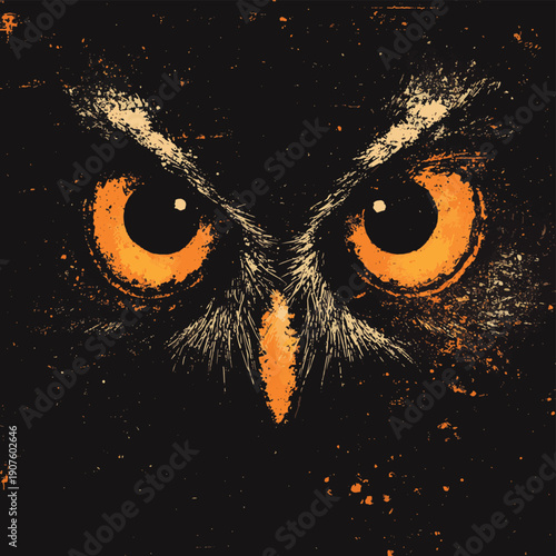 Halloween staring scary spooking evil Owl eyes on dark grunge background , vector style simple color