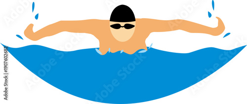 Minimalist vector illustration of a swimmer performing butterfly stroke in water. Flat design suitable for swimming sport, fitness training, competition, summer activity, and healthy lifestyle themes.
