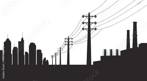 Industrial cityscape silhouette with power lines and factory chimneys against white vector illustration