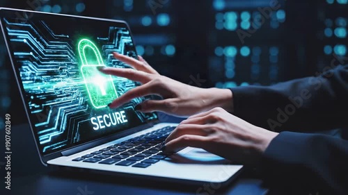 Wallpaper Mural Cybersecurity Concept with Digital Lock and Secure Data Streams on Laptop Screen Torontodigital.ca