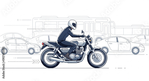 Motorcyclist riding a classic motorcycle through traffic.