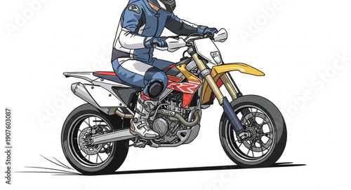 Motorcyclist riding a supermoto motorcycle on a white background.
