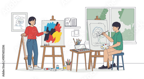 Minimalist flat illustration of two artists, a woman and a boy, painting on easels with colorful paints.