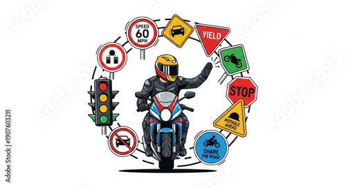 Motorcyclist surrounded by traffic signs and signals illustration.