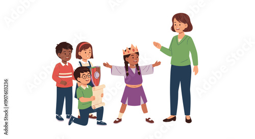 Diverse Group of Children in Role-Play: A Princess, Knight, and Scribe with Teacher