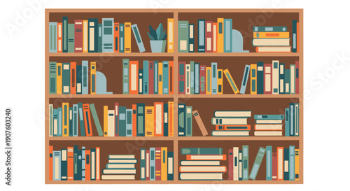 Full Bookshelf with Colorful Books and Decorative Plant Pot Illustration