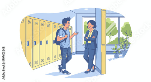 Student and Teacher Conversing by School Lockers and Window
