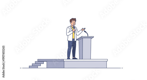 A smiling cartoon man in a white jacket and yellow shirt giving a speech with a microphone at a podium on a stage.