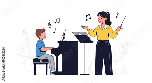 Boy learning piano from female music teacher, illustrated