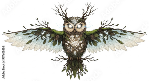 Mystical Owl Creature with Antlers and Wings.