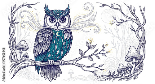 Mystical Owl Perched on a Branch in Enchanted Forest.