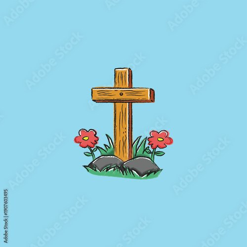 Wooden Cross Monument With Flowers On Green Grass Under Bright Sky