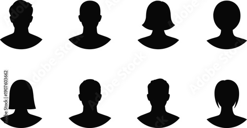 Set of Black Silhouette Head and Shoulder Profiles of Men and Women illustration tgtgdfgxdfvcx