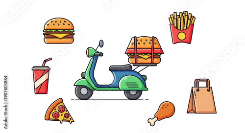 Fast food delivery scooter with various food items.