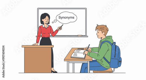 Female teacher explaining synonyms on a whiteboard to a male student taking notes.