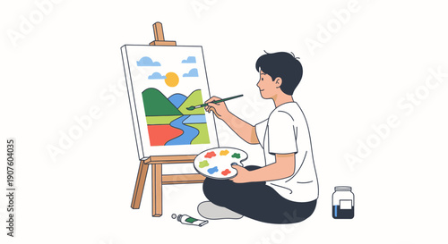 Young male artist sitting cross-legged, painting a colorful landscape on a canvas with a palette and brush.