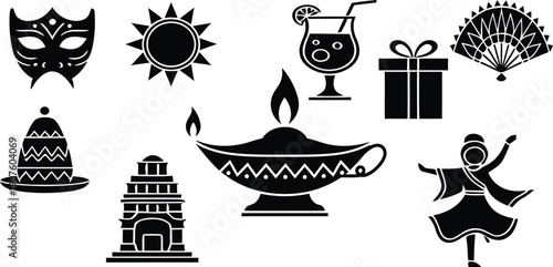 Collection of various festive and celebratory icons and symbols