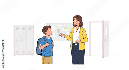 Teacher Explaining to Student with Backpack in School Corridor