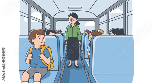 Smiling Teacher with Glasses and Students in Blue Seats on a School Bus