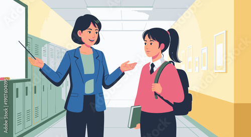 A smiling female teacher in a blue blazer gesturing with a pointer while talking to a young student in a pink sweater.