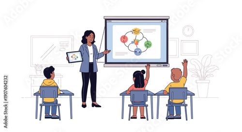 Female teacher using an interactive whiteboard and tablet to teach engaged students who are raising their hands in a modern classroom illustration.