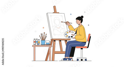 Artist painting portrait on easel with palette and brushes