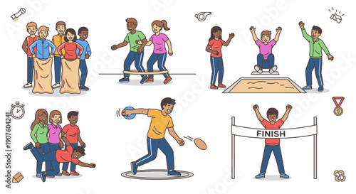 A colorful collection of cartoon illustrations showing diverse people competing in fun sports day games and athletic events.