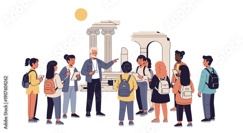 Diverse group of tourists on a guided historical site tour