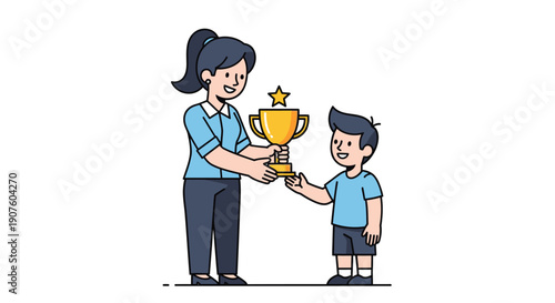 Smiling cartoon woman with a ponytail giving a golden star trophy to a happy young boy.