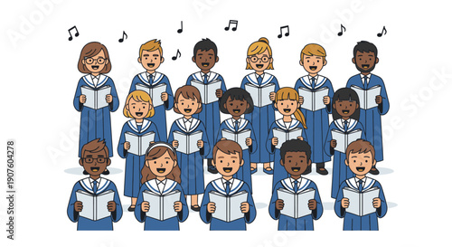 Diverse Children's Choir Singing in Blue Robes, Holding Songbooks