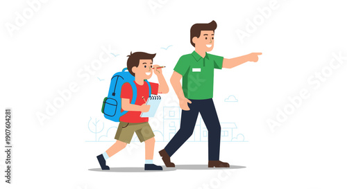 Father and Son Walking Together, Pointing, and Taking Notes