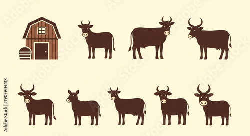 Farm barn and cows illustration set.