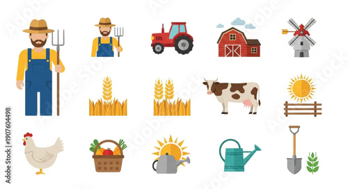 Farm Icons Set Featuring Farmers Tractor Barn and Animals.