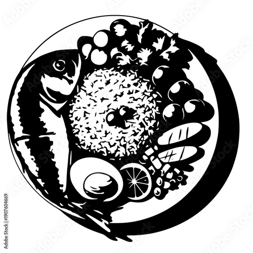 black silhouette of a traditional Thai mackerel meal. Top-down graphic illustration featuring a fried short-bodied mackerel, rice, boiled egg, fresh vegetables, and chili paste on a circular plate.