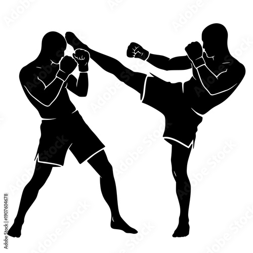 black silhouette of two martial artists engaged in a Muay Thai or kickboxing match. Minimalist graphic illustration featuring one fighter performing a high roundhouse kick while the other defends.
