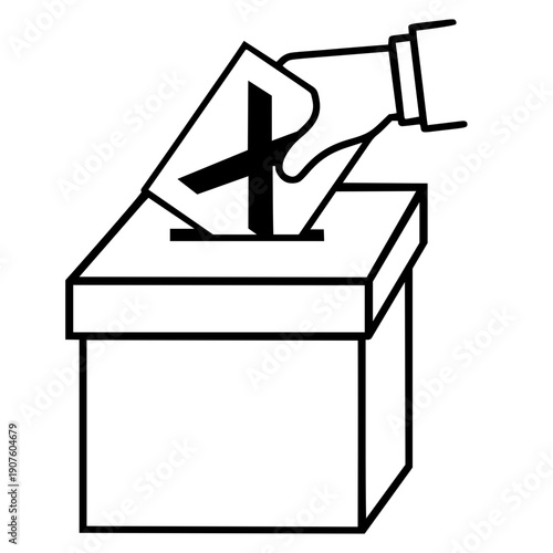 line art illustration of a hand casting a ballot into a voting box. Simple black outline drawing featuring a ballot marked with a X, symbolizing democracy, elections, and civic duty.